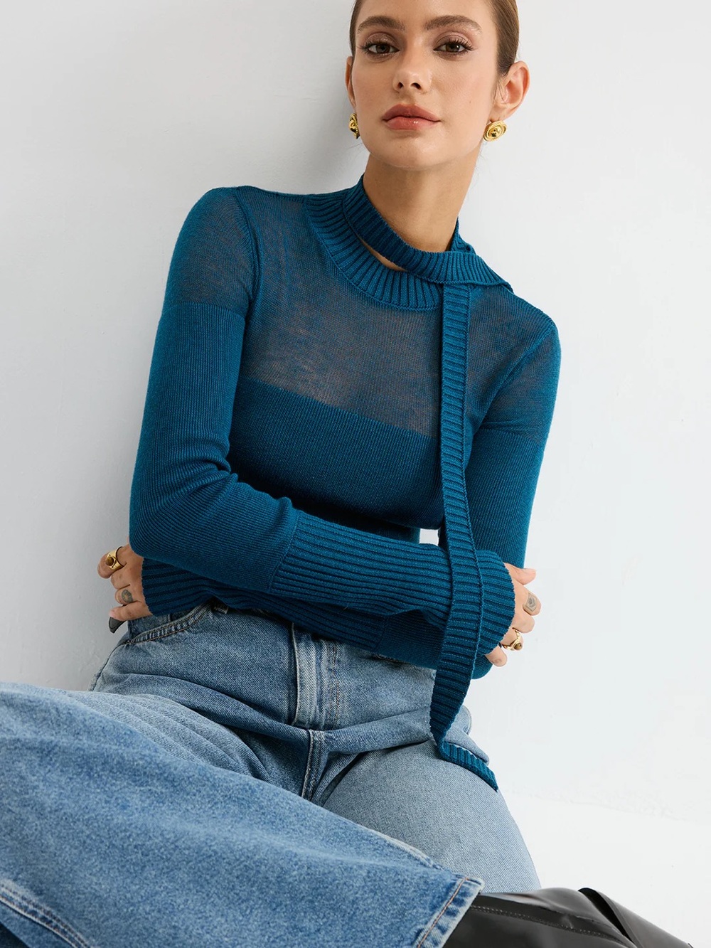 COMMENSE Sheer Panel Tie Neck Wool Blend Knit Top - size Medium